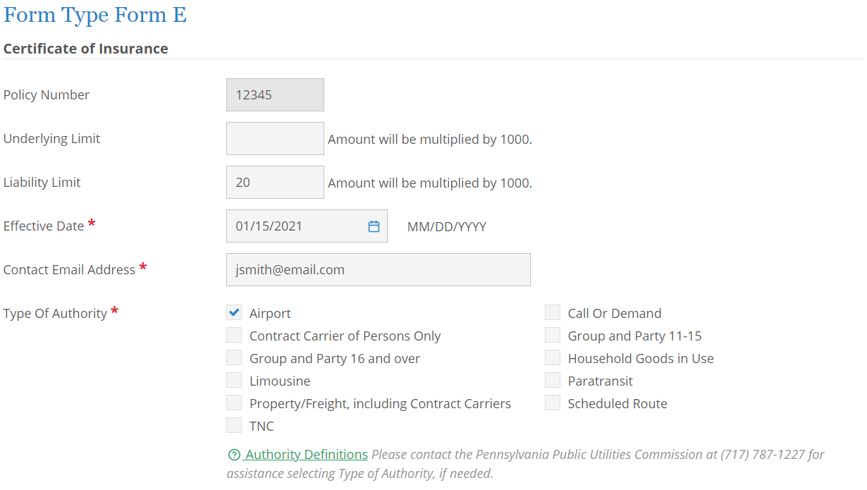 Screenshot of interface for PUC in NIC Insurance Filings.