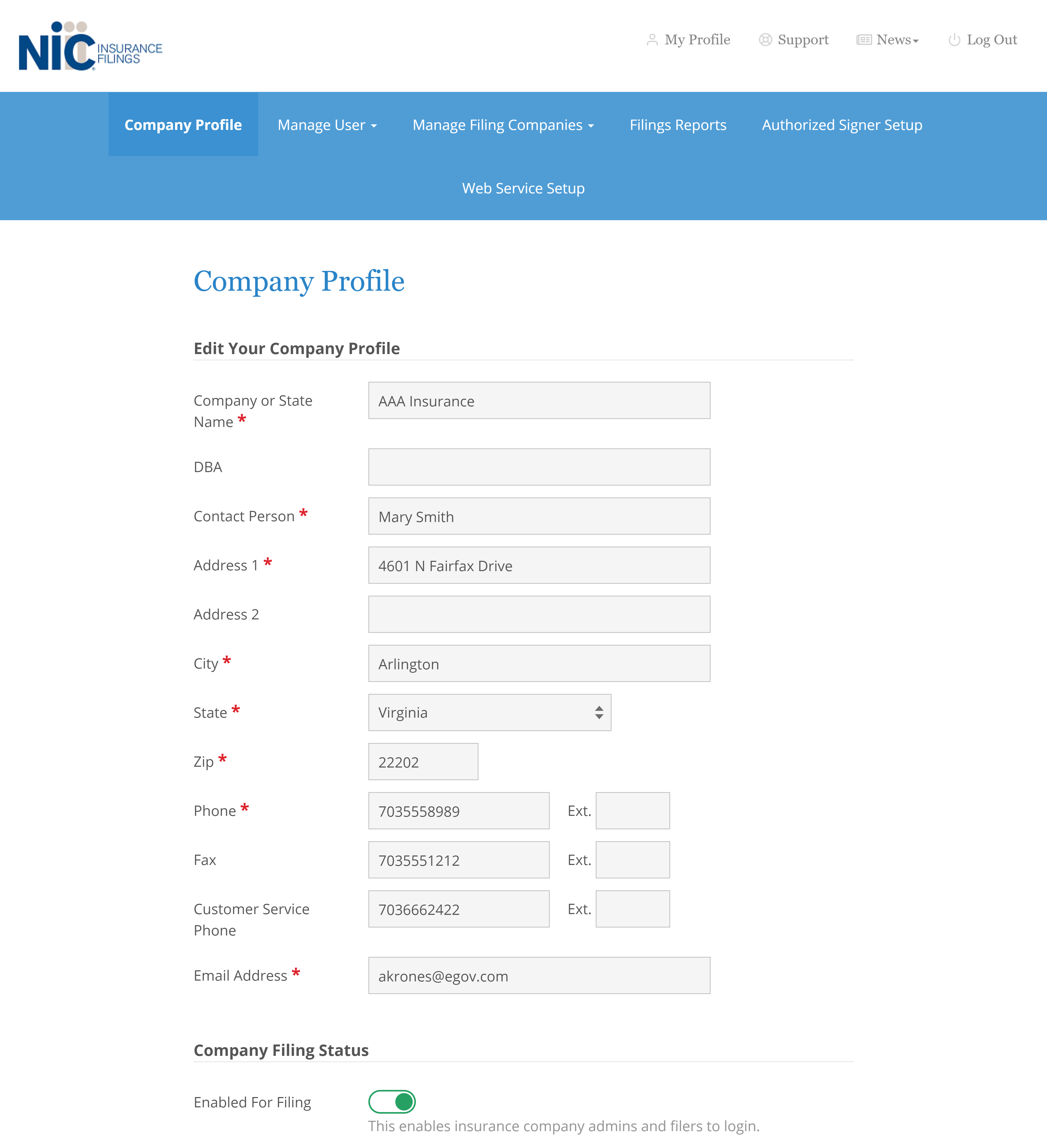 Screenshot of interface for Company Profile where users can edit profile information.