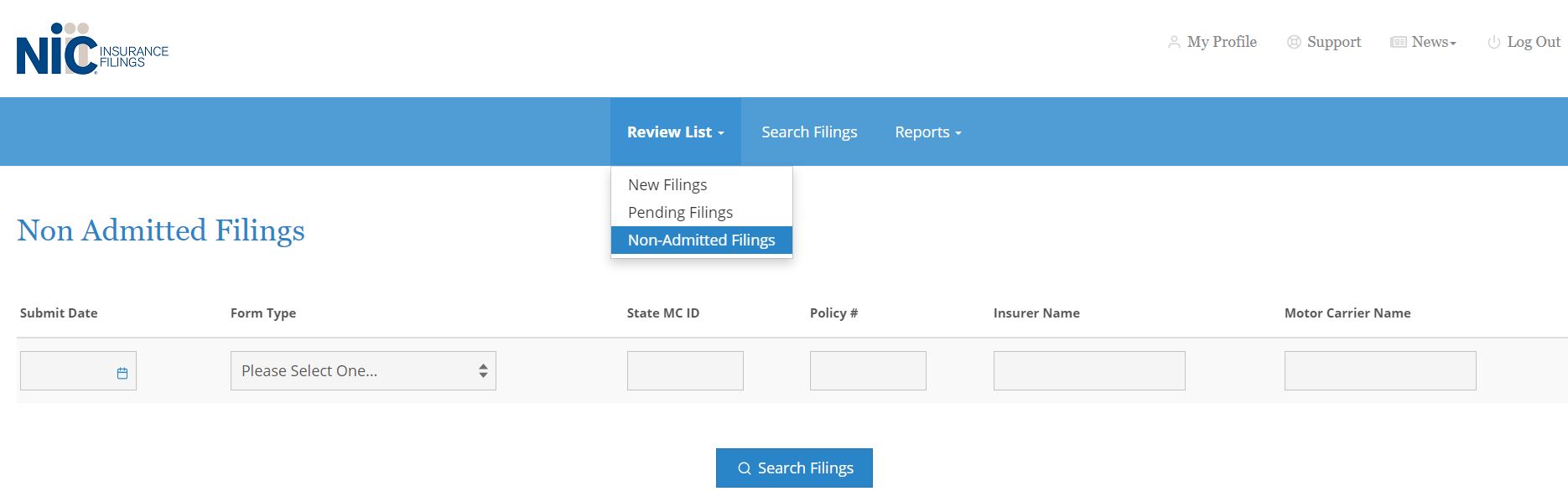 Screenshot of interface for non-admitted filings page.