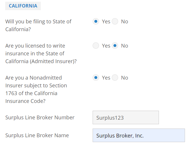 Screenshot of form for non-admitted insurance companies to submit to California DMV.