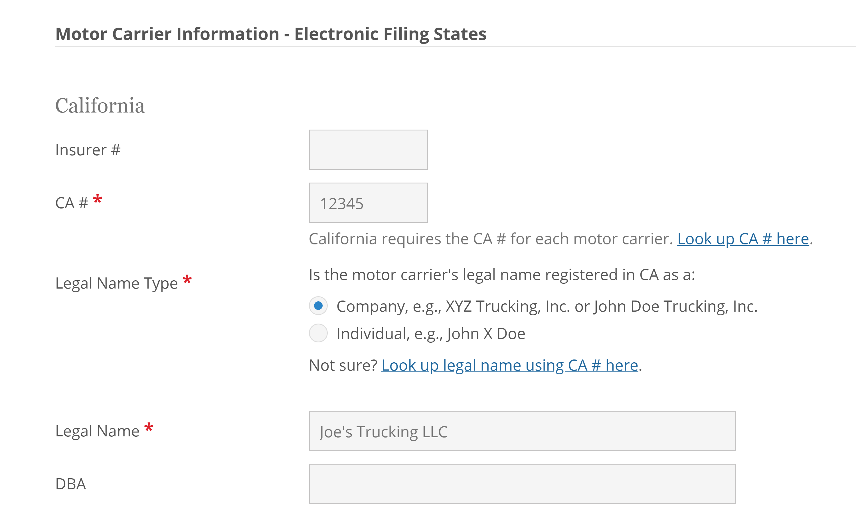 Screenshot of interface for California Motor Carrier Information and new automated review system.