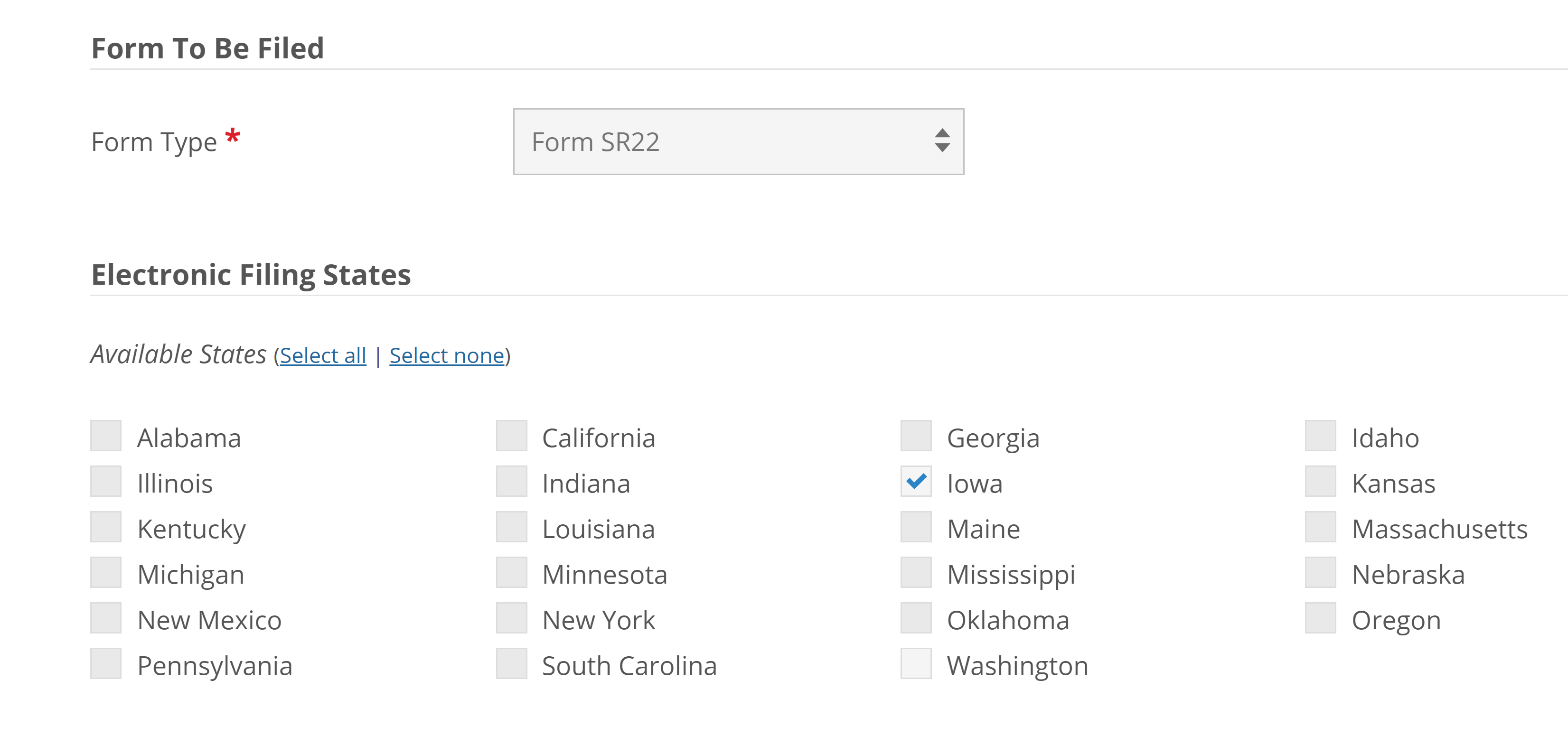 Screenshot of interface for Create Filings page with 5 different forms for the Iowa DOT.