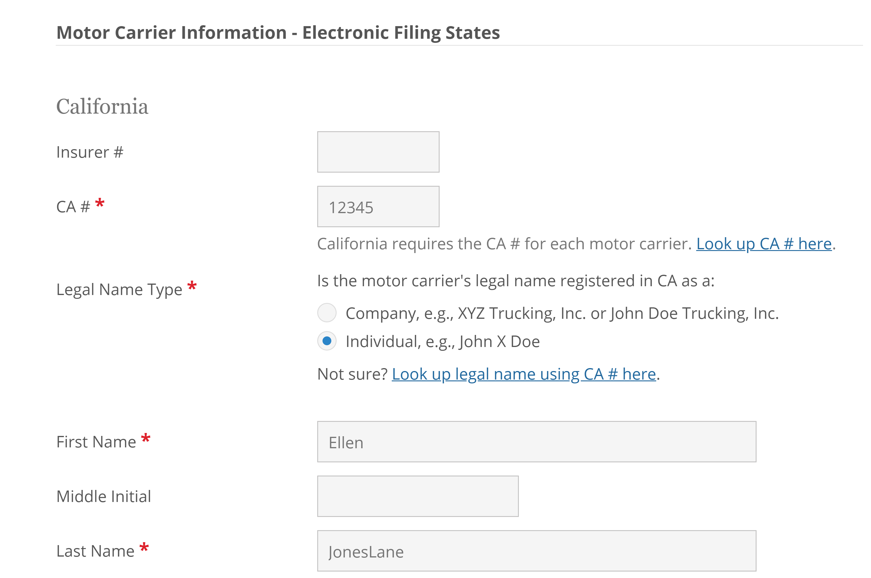 Screenshot of interface for California Motor Carrier Information and new individual legal name.