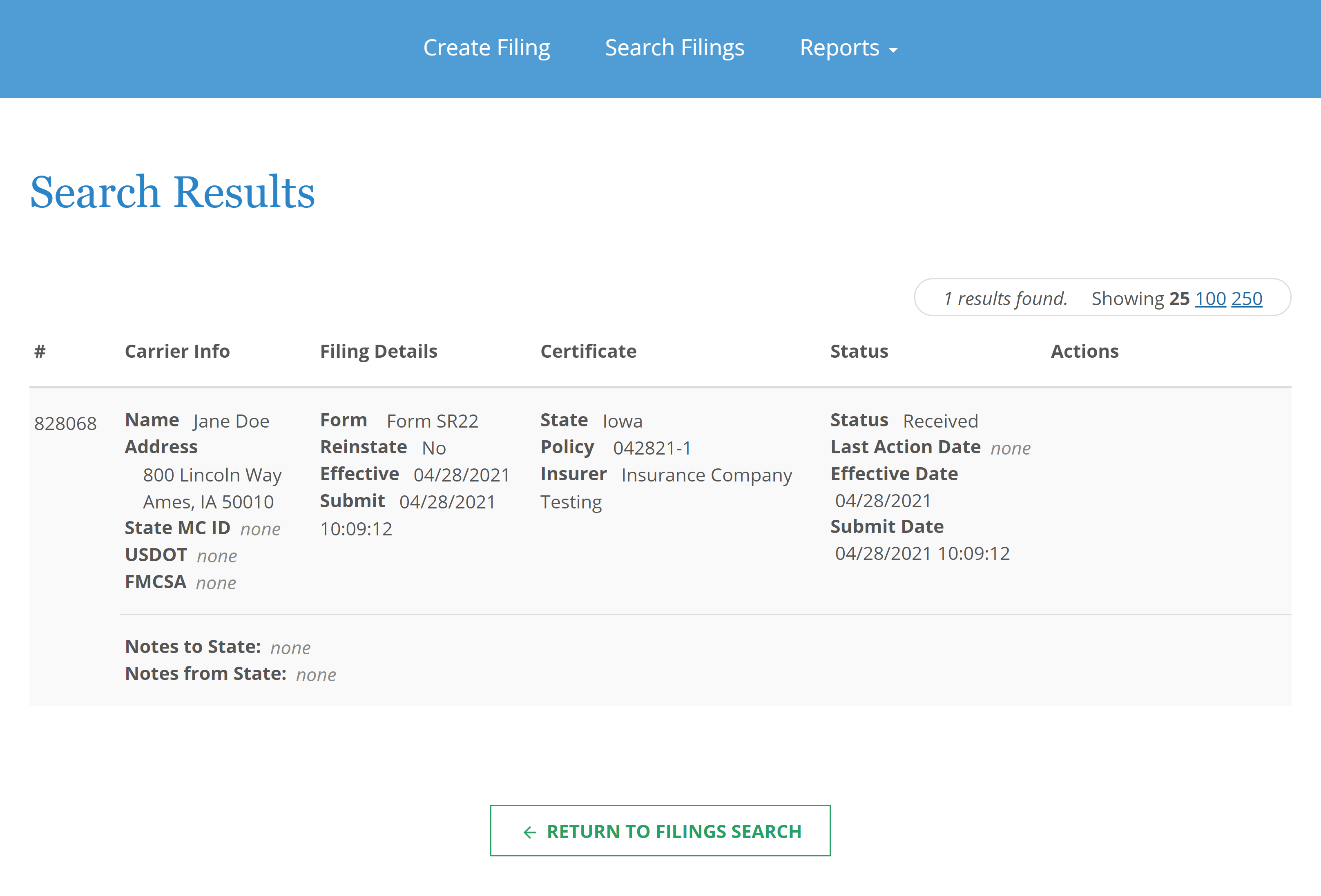 Screenshot of interface for Filings Search and Search Results.