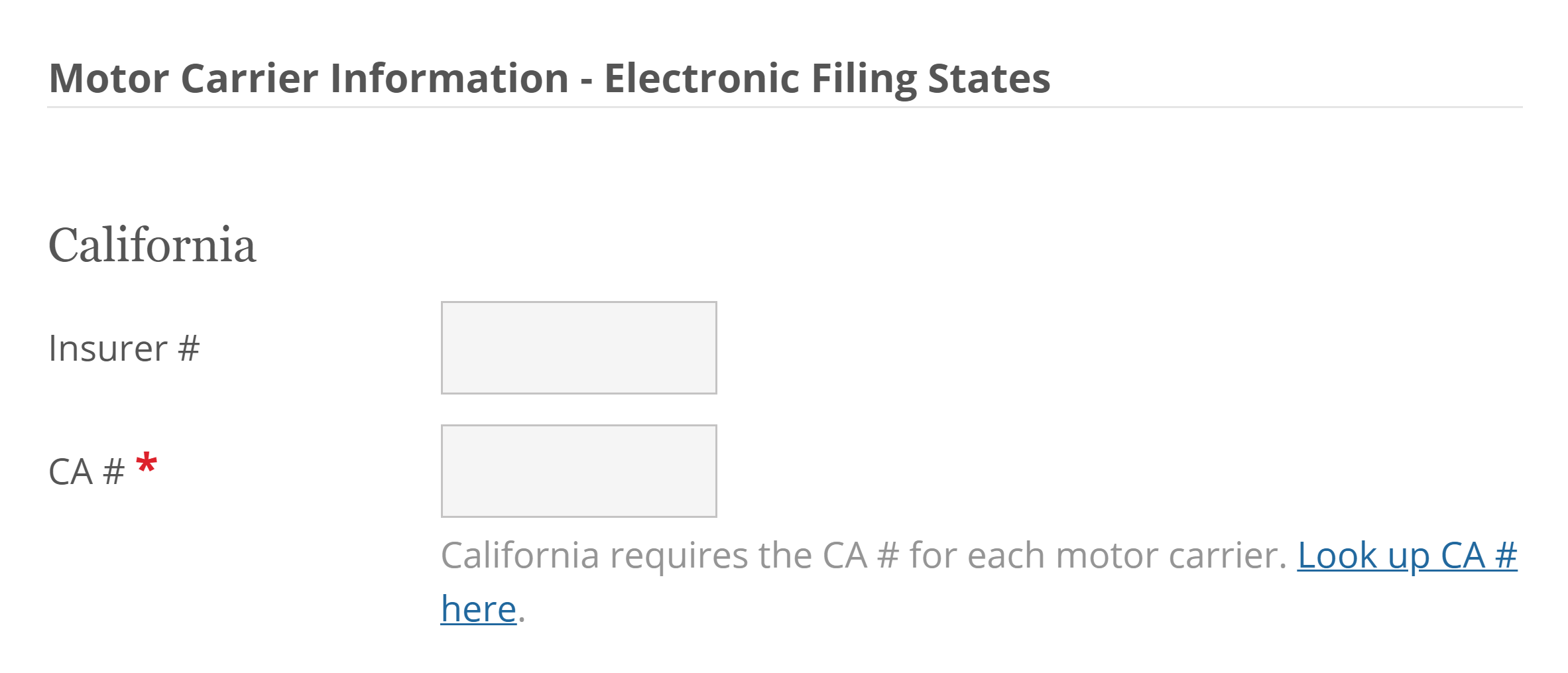 Screenshot of interface for California Motor Carrier Information and State ID number lookups.