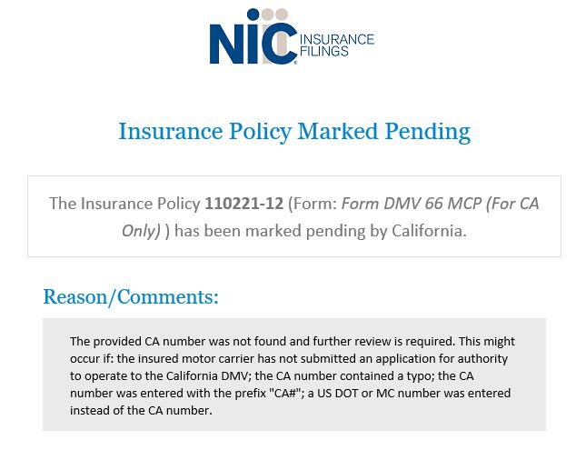 Screenshot of Insurance Policy marked pending email.