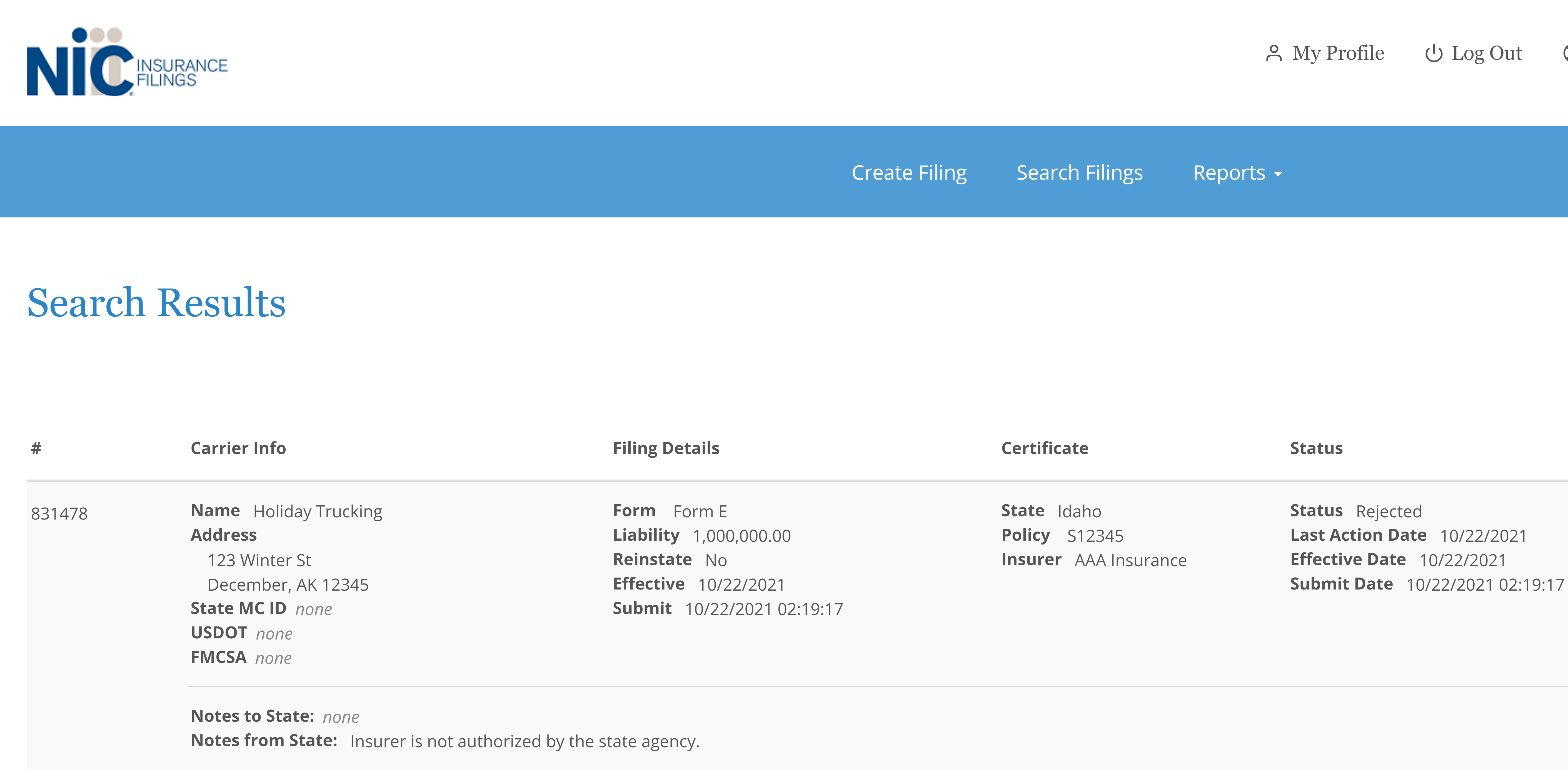 Screenshot of NIC Insurance Filings Search Results page.
