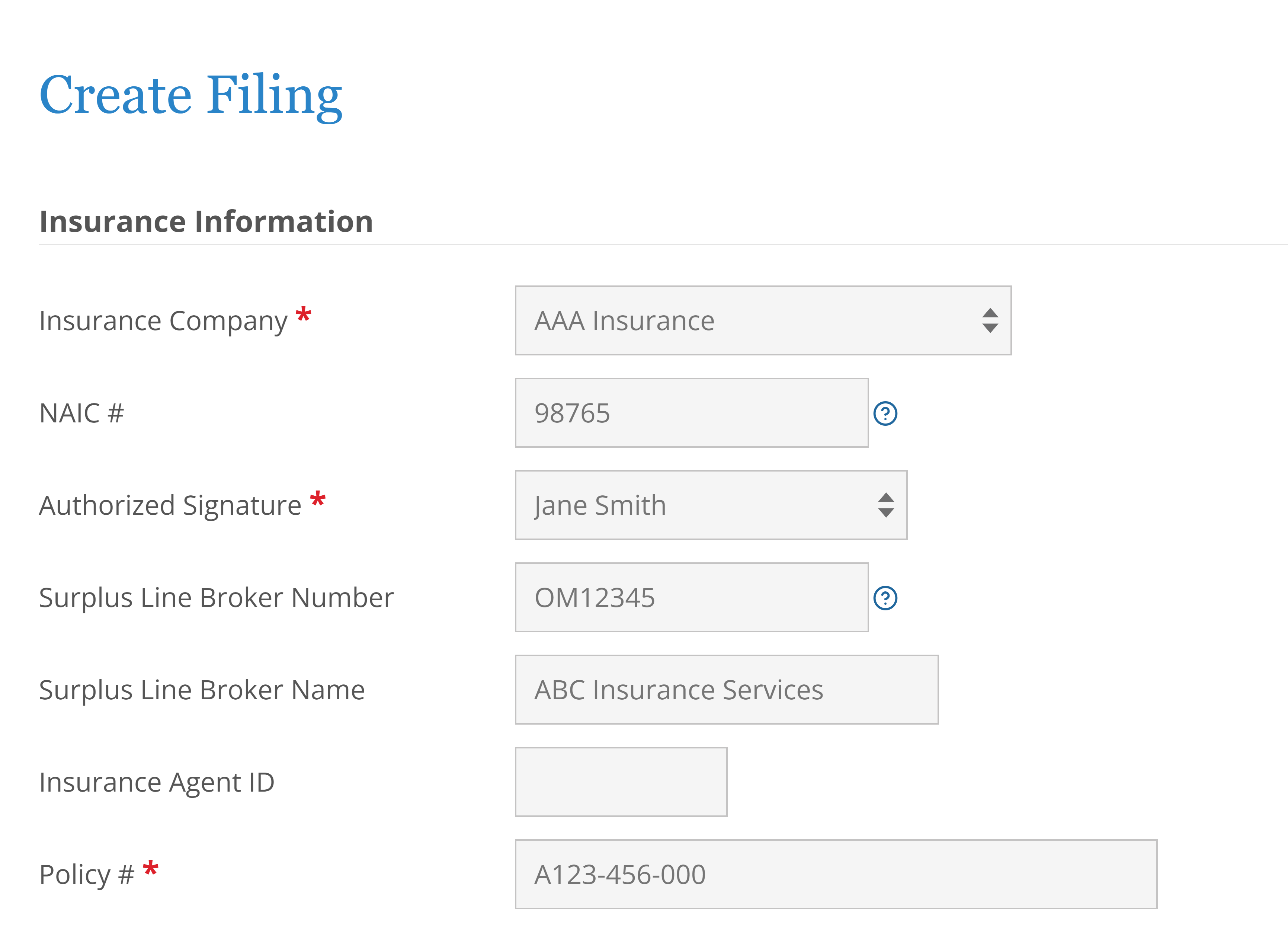 Screen shot showing form selections for MCP 65 filing by non-admitted insurers.