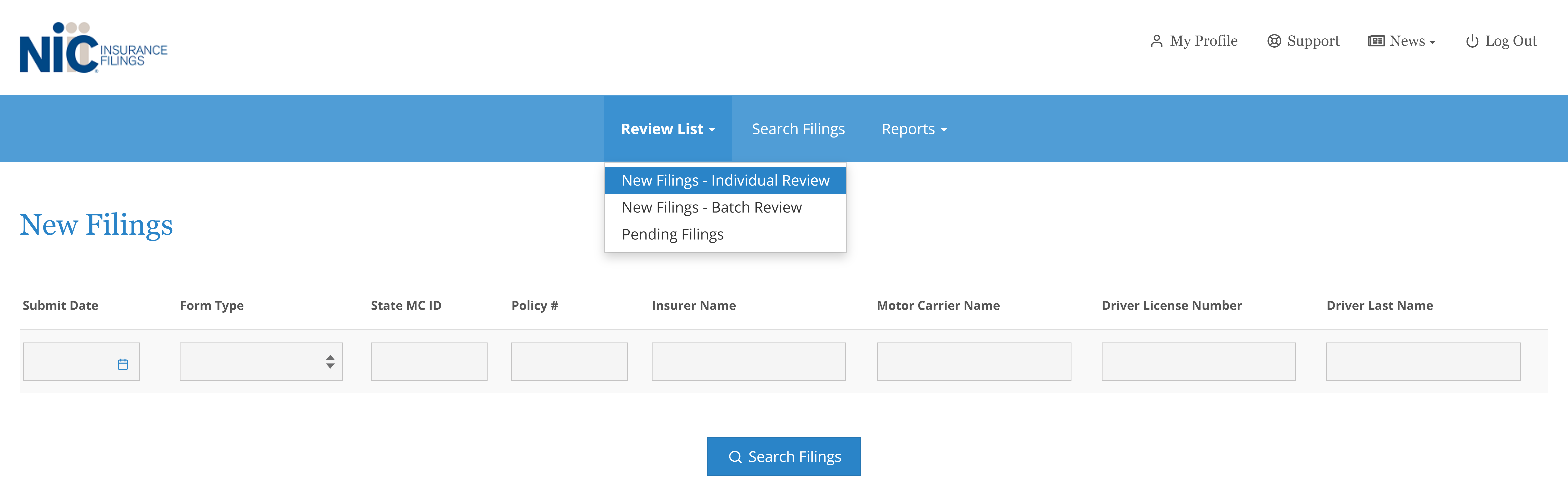 Screen shot showing selection of New Filings - Individual Review under the Review List menu.