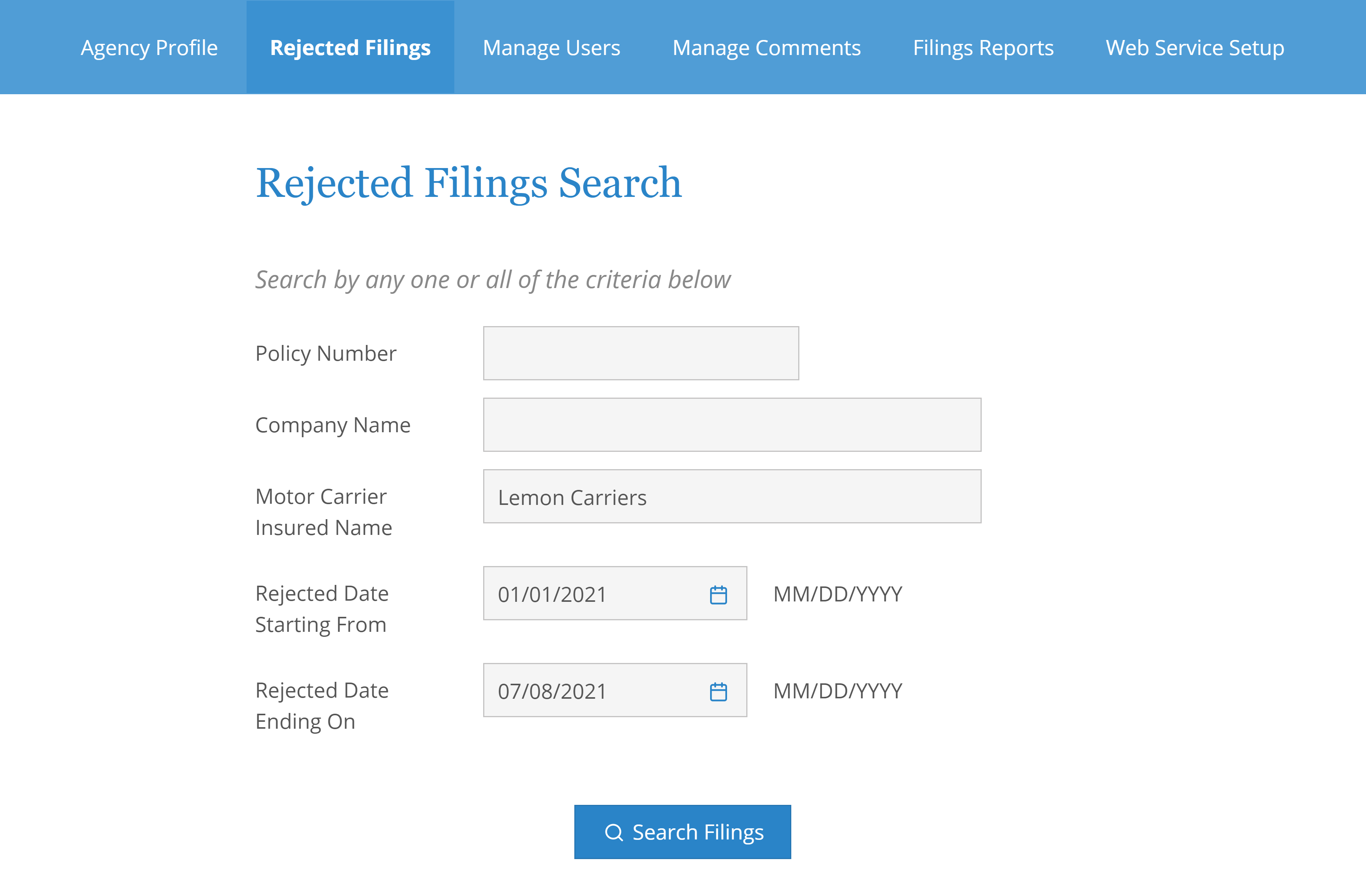 Screenshot of interface for Rejected Filings Search.